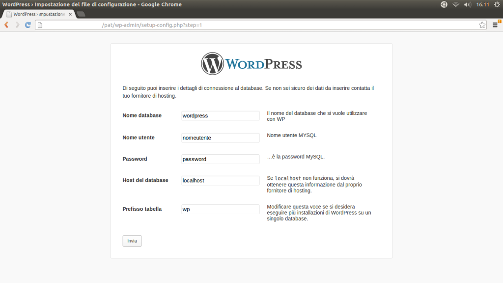 Terzo step installazione wordpress